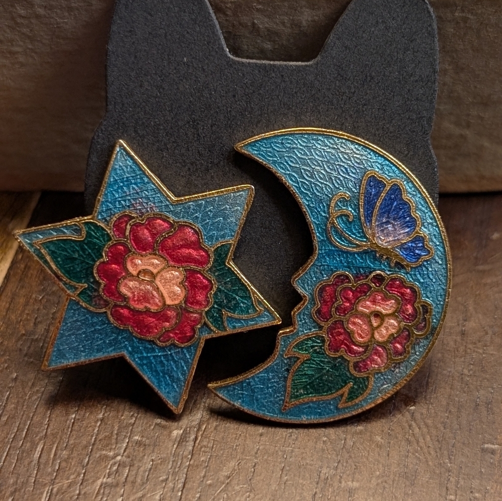 Floral and Butterfly Cloisonne Clip On Earrings